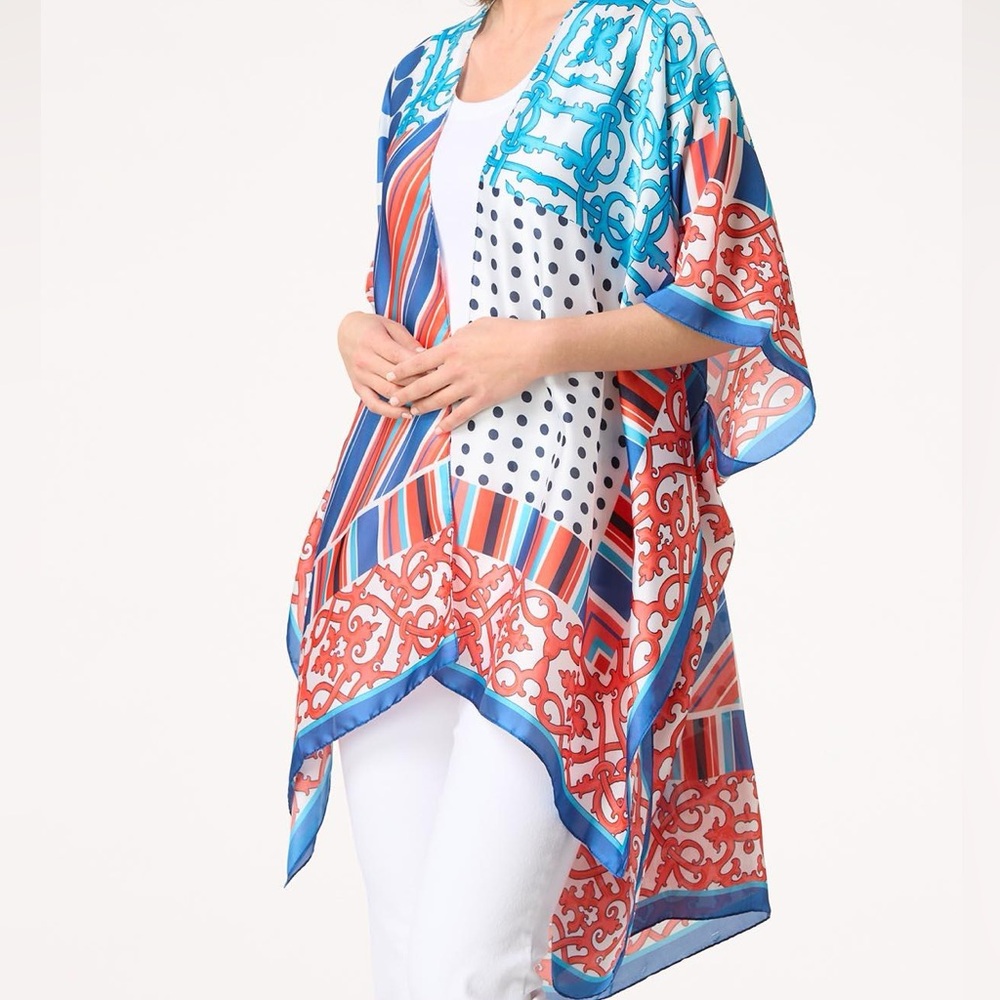 Blue & Red Luxury Kimono & Beach Coverup Women’s OS Designer Inspired